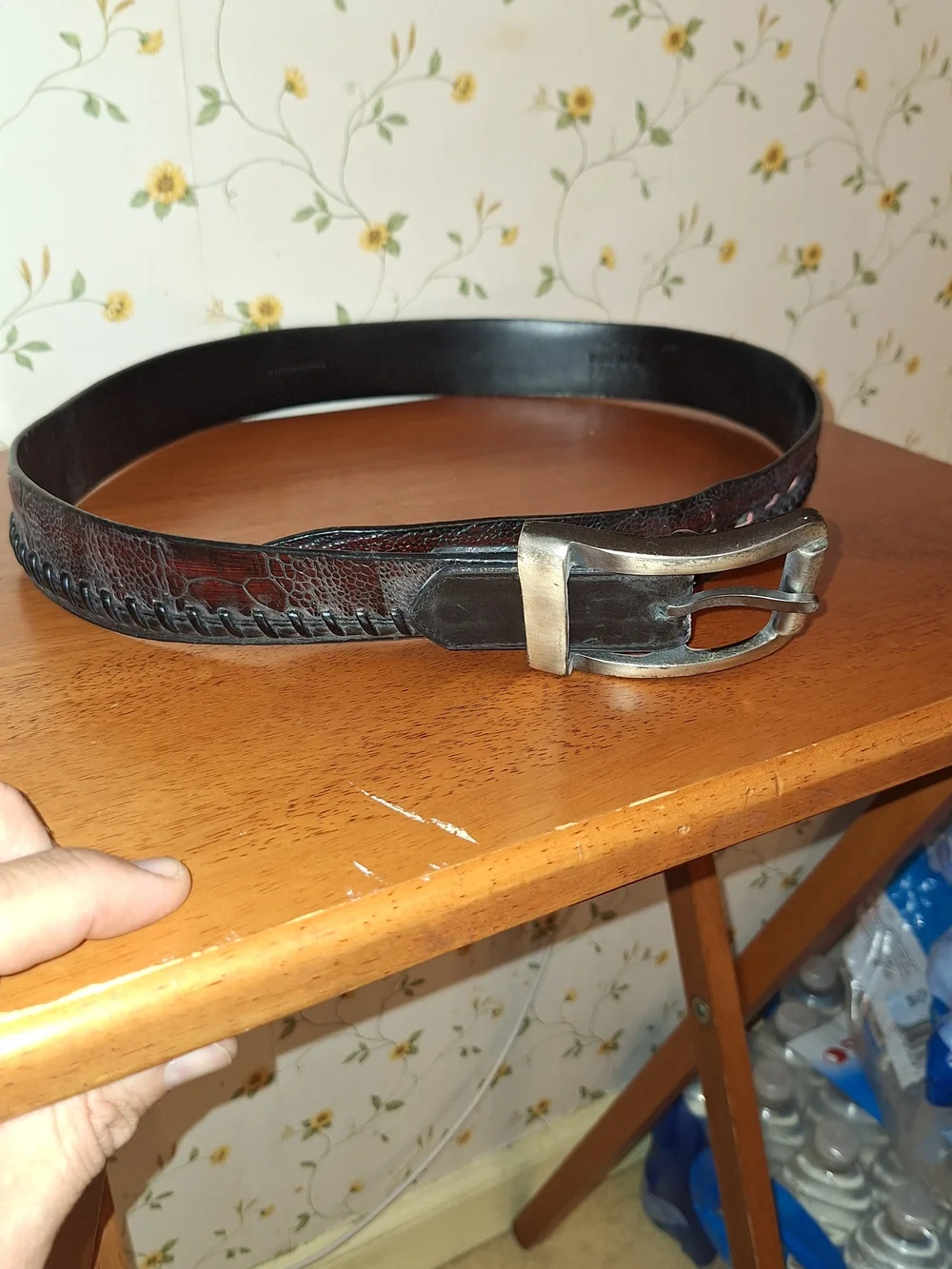 Men's Handmade Cordovan Ostrich Leather Belt with Silver Buckle, 36